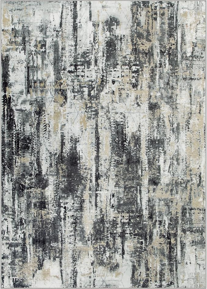 5x7 Area Rugs for Living Room: Washable Abstract Black Grey Gold Carpet | - Image 2