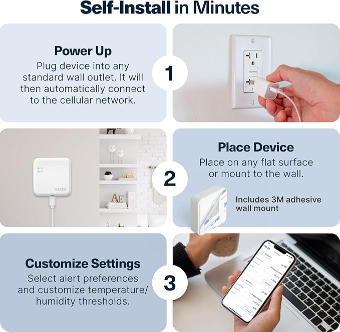 Necto Cellular Temperature Monitor- RV Pet Safety Temp Monitoring System. Remote Power Outage & Humidity Sensor with App Alerts for Car, Camper, Home & Server Room. (2 Year Subscription Included)