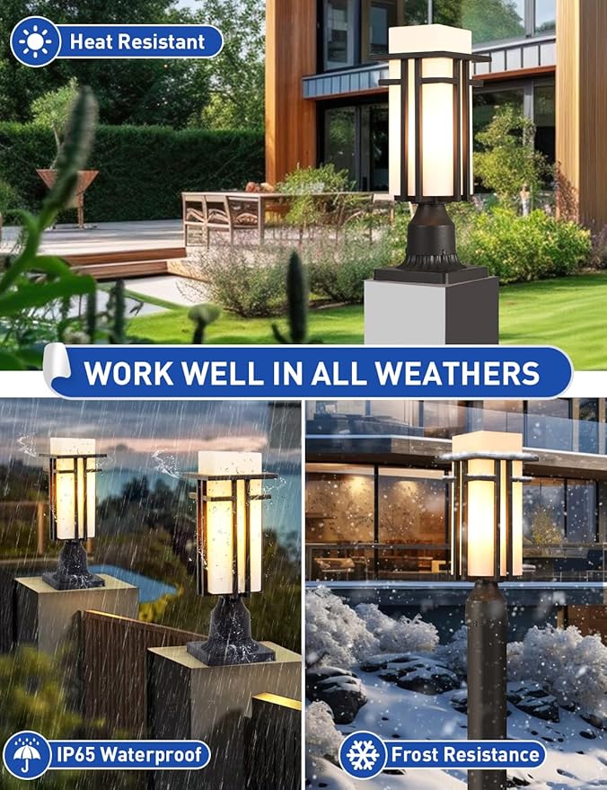 EERU Outdoor Post Lights Waterproof Metal Frame with Milk White Frosted Glass Pier Mount Outdoor Lighting Fixtures(with 3-Inch Pier Mount Base) Pillar Light Post Lantern for Garden Backyard and Porch