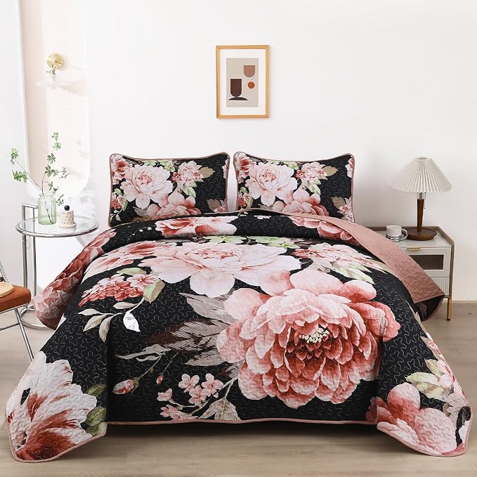 WONGS BEDDING Black Quilt King Size, Lightweight Botanical Coverlet Set by WONGSBEDDING