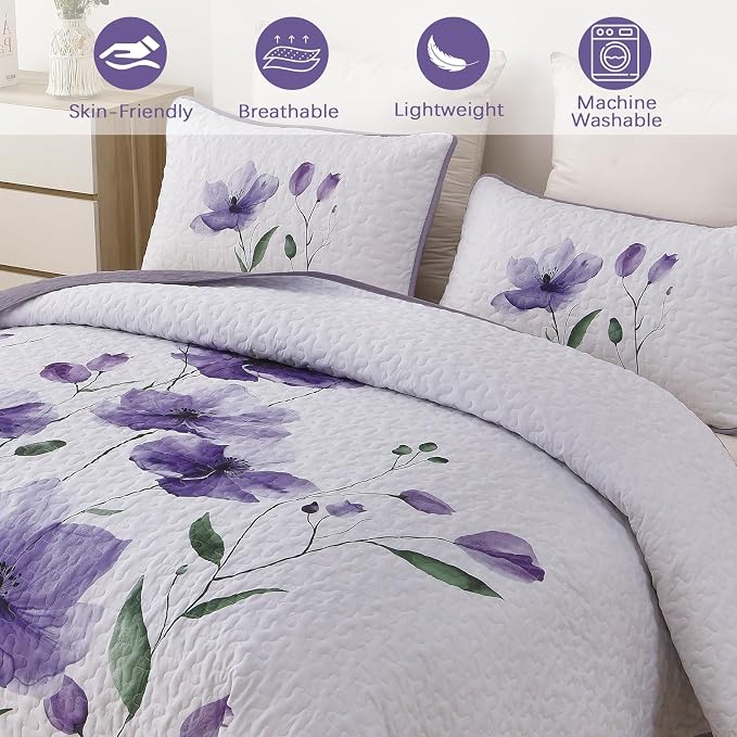 Mybedsoul Full/Queen Quilt Set Purple, Reversible Polyester Coverlet Set - Image 4