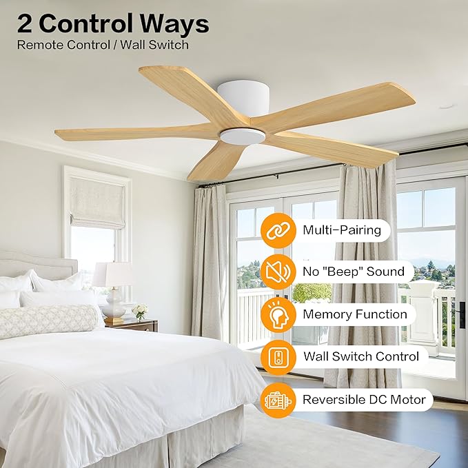 WINGBO 54" Flush Mount DC Ceiling Fans Without Lights, 5 Carved Solid Wood Blades, 6-Speed Reversible DC Motor, Low Profile Hugger Ceiling Fan No Lights for Living Room Bedroom Patio, White and Oak