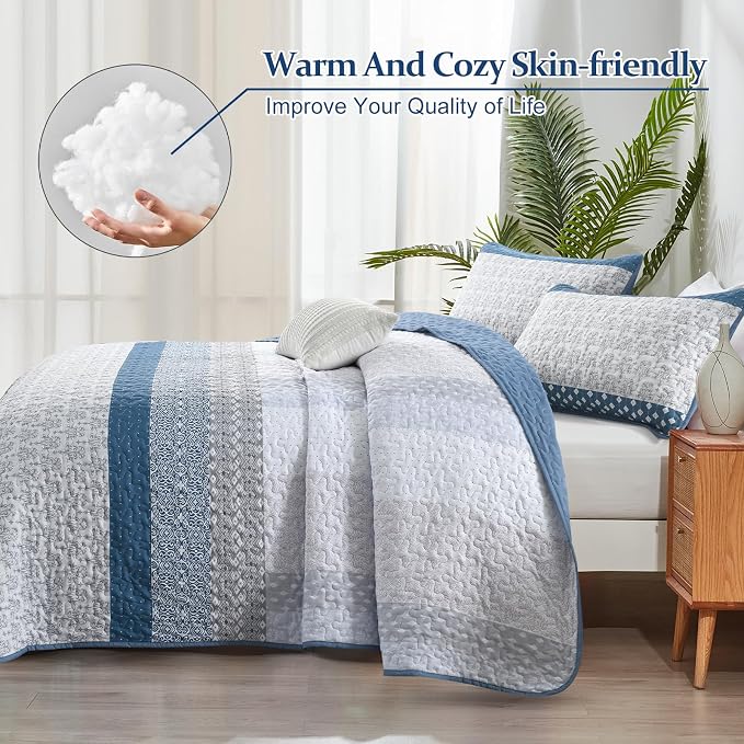 WONGS BEDDING Blue Queen Size Quilt Set, 3-Piece Boho Stripe Bedspread | - Image 4
