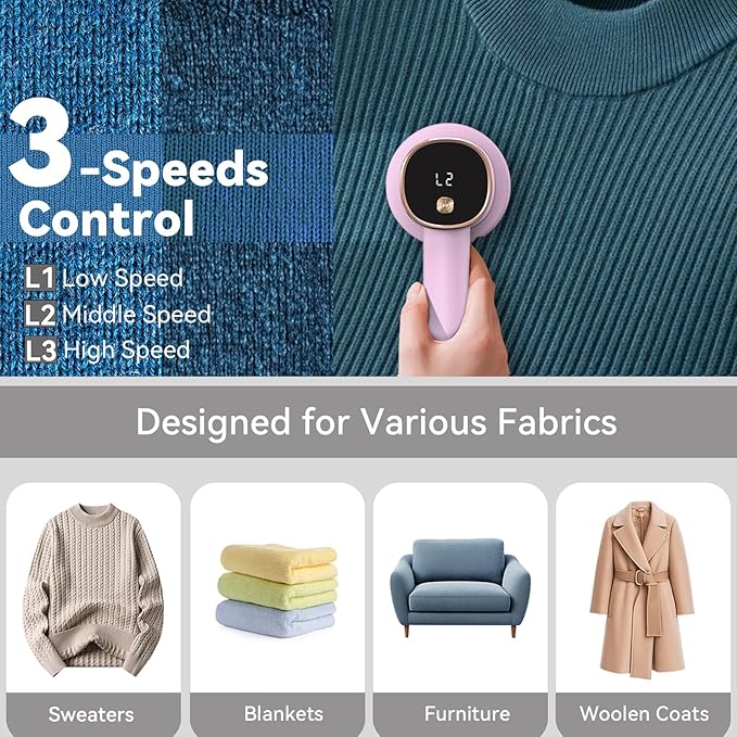 Smyeviva Rechargeable Fabric Shaver for Clothes: 6-Leaf Blades & 3 Speeds to Remove Pilling, Fuzz & Lint Balls - with LED Display, Portable Electric Lint Remover for Sweater, Couch, Blanket, Furniture