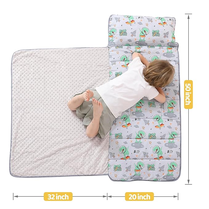Viviland Toddler Kid Nap Mat for Preschool, Grey Dinosaur Slumber Bag, Daycare Sleeping Bag with Pillow and Blanket, Kindergarten Sleep Mat