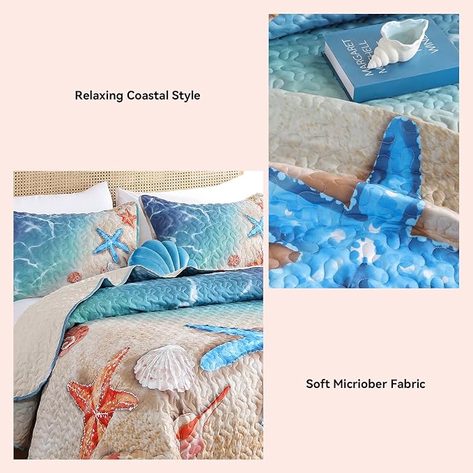 weigelia Coastal Quilt King Size, Beach Lightweight Summer Bedding | Starfish - Image 5