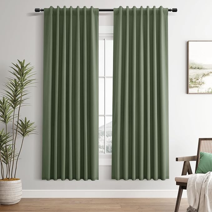 Olive Green Linen 100% Blackout Curtains 72 Inches Long Back Tab Funky Textured by Guken