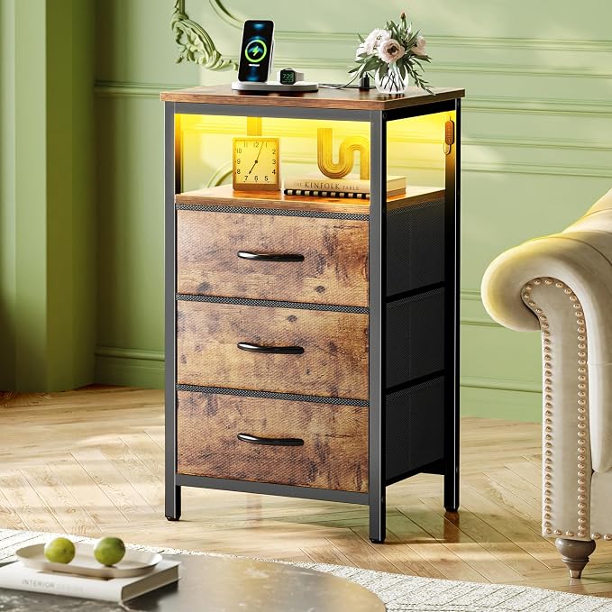 Huuger Night Stand with Charger Station and LED Lights, 3 Drawer Nightstand | - Image 2