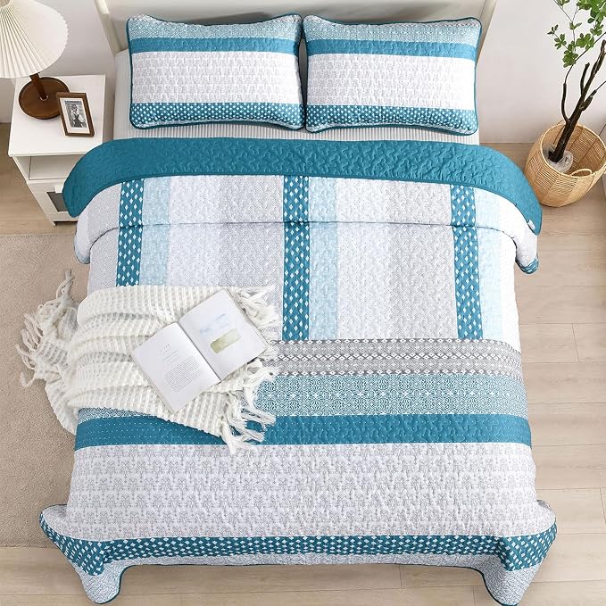WONGS BEDDING Teal Blue King Size 3-Piece Quilt Set, Boho Stripe Bedspread | - Image 4
