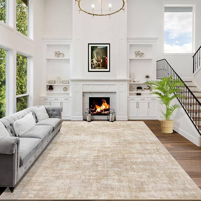 6x9 Area Rugs for Living Room: Washable Abstract Beige Badroom Carpet | by GENTDRIZZ