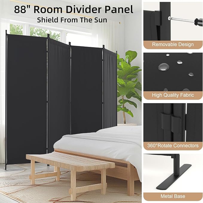 Room Divider 4 Panel Partition Room Dividers & Folding Privacy Screens w/ 3 - Image 5