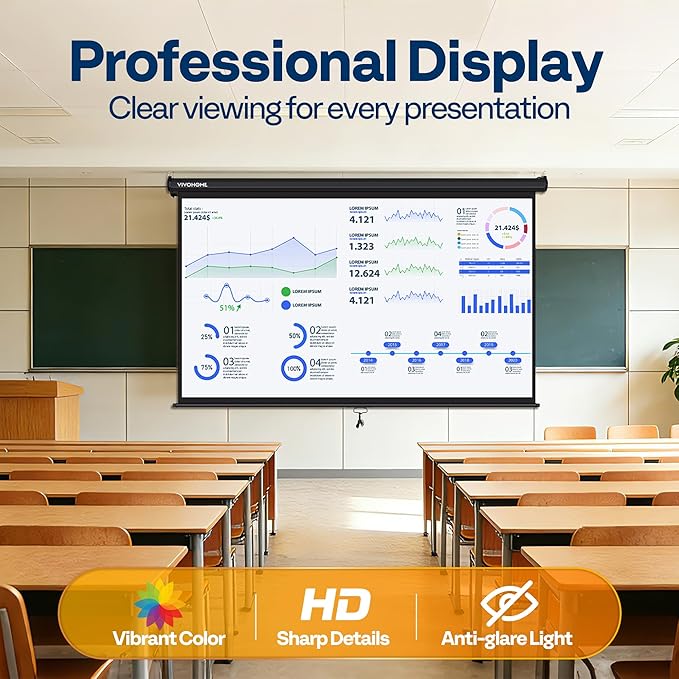 VIVOHOME 100 Inch 16:9 Pull Down Projector Screen, HD 4K Retractable Movie Screen for Indoor Home Theater and Office, Manual Projection Screen with Auto Locking (87W x 49H Inch Display Area)