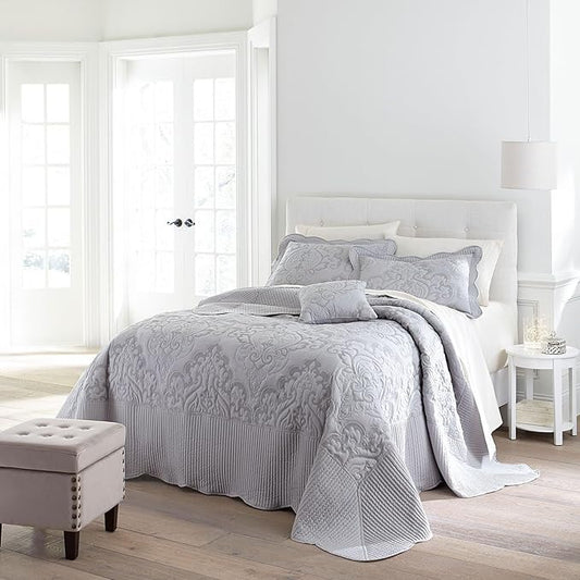 BrylaneHome Bedding Lightweight All Season Modern Amelia Quilted Damask Oversized Ultra Soft Bedspread - King, Grey