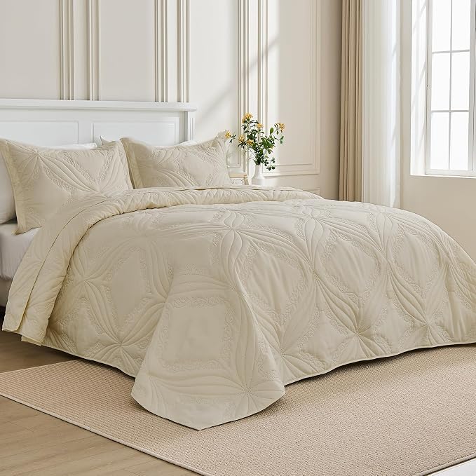 Kingnex Oversized King Bedspreads 128x120 Ultrasonic Quilted Beige | Extra Wide - Image 3
