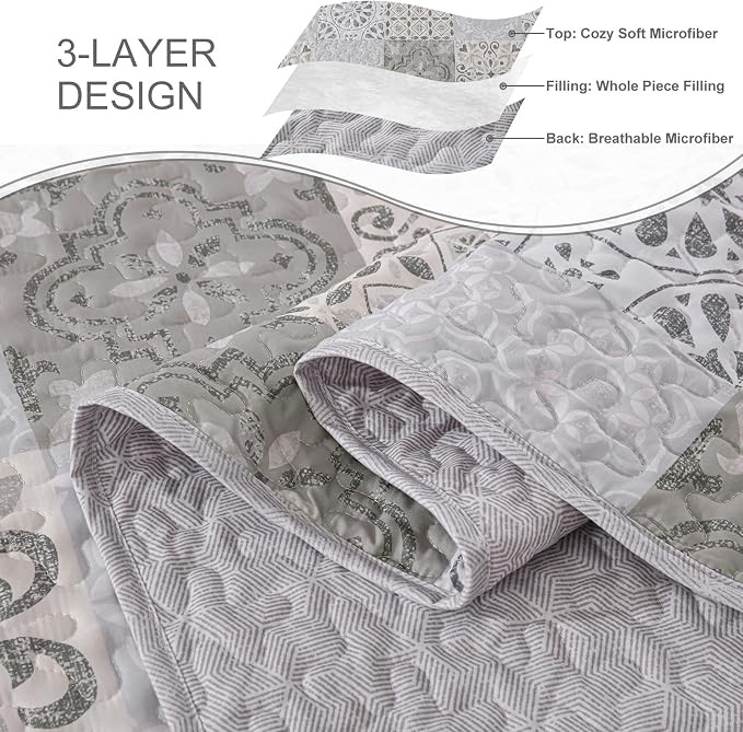 Dobuyly Queen Size Quilt Set Boho Grey Beige Plaid Patchwork Bedspreads - Image 9