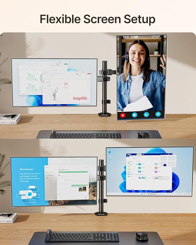 monTEK Dual Monitor Stand for 17"–32” Computer, Adjustable Height Stable Monitor Mount Fit up to 32 inch Screen, Hold up to 22lbs Weight, C-Clamp and Grommet, VESA 75x75mm/100x100mm