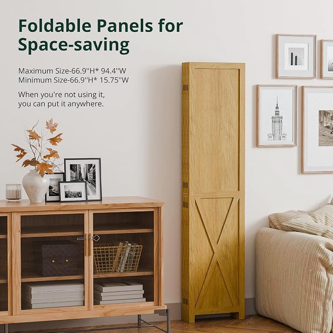 6 Panel Folding Room Divider, Solid Wood Privacy Screen, Freestanding Partition - Image 3