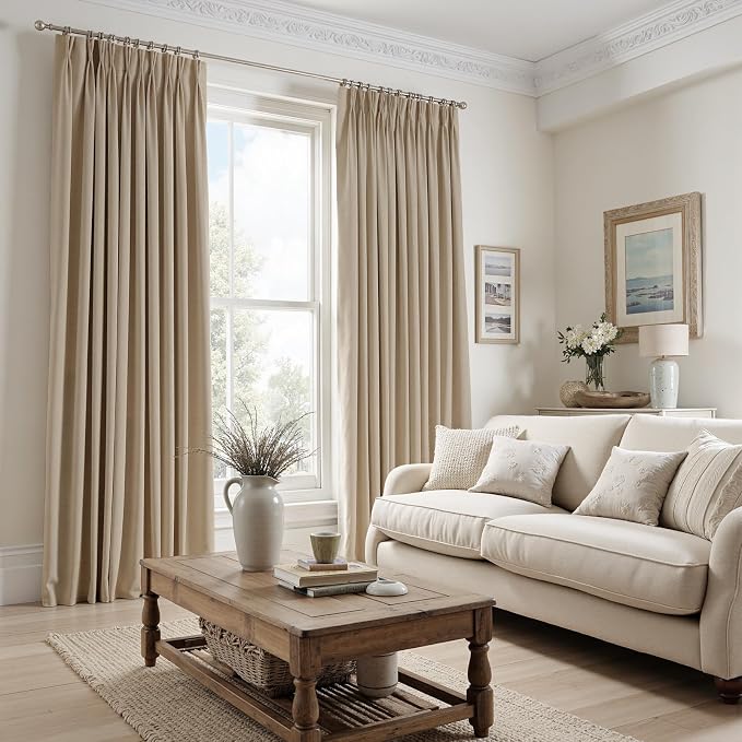 Beige Velvet Pinch Pleated Curtains 84 Inches Long - Image 5