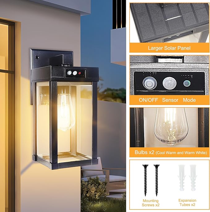 CYHKEE Solar Wall Lights Outdoor Waterproof with 3 Lighting Modes & Motion Sensor, Dusk to Dawn Exterior Porch Light fixtures, Solar Wall Lantern Fixture for Garage Patio Yard Garden