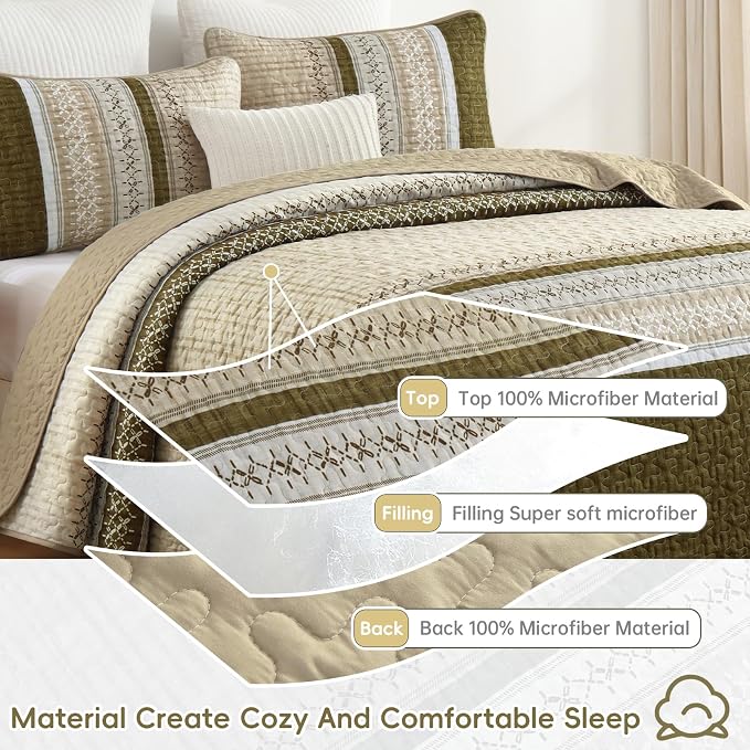 Cottolester Fall Quilt Set King, Soft Brown Striped Texture Bedspread 3 Pcs | - Image 6