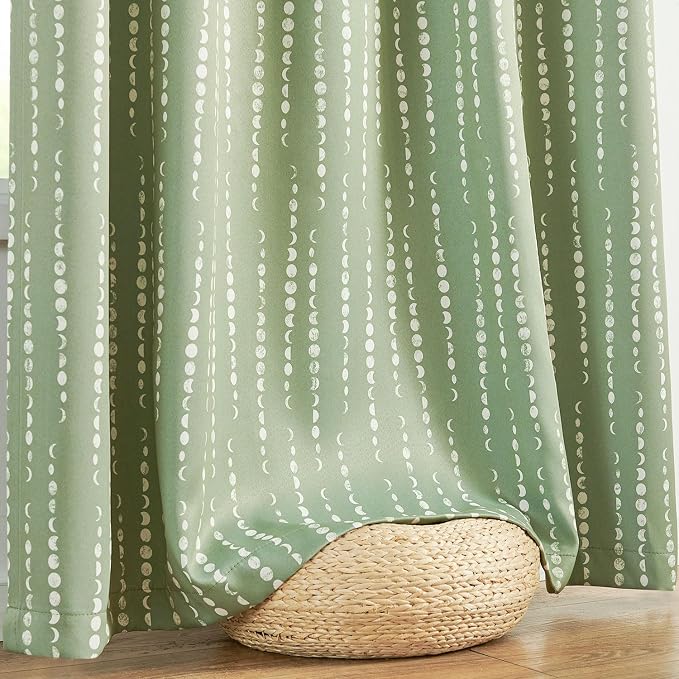 jinchan Boho Blackout Curtains 63 Inch Length Moon Phase Printed Drapes | Sage - Image 9