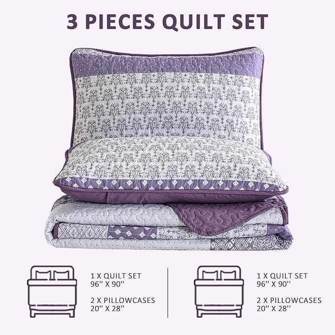 WONGS BEDDING Purple Queen Quilt Bedding Set, Bohemian Stripe Bedspread | - Image 9