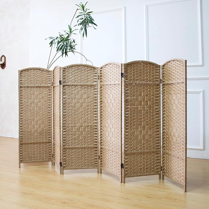 6 Panel Rattan Divider Short Room Partition Screen, Double Sided Folding Divider by Furnnylane