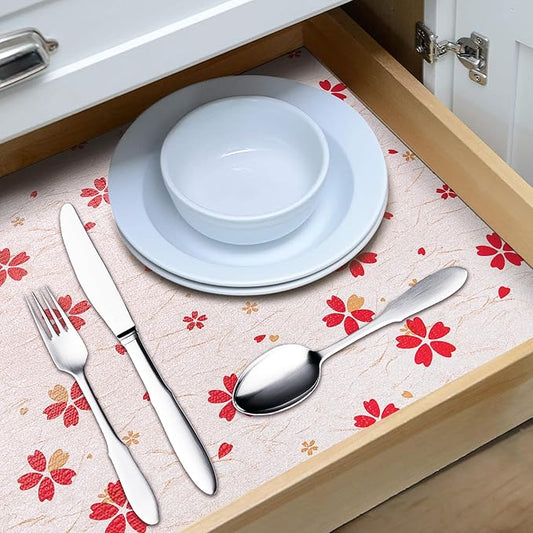 RAY STAR 12X120 Inch Shelf Liner for Kitchen Cabinets, Non-Adhesive Cabinet Liner Washable, PVC Drawer Liner for Dresser Non-Slip Bathroom (Red Floral)(1 Roll)