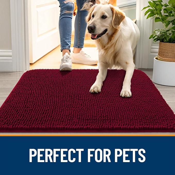 OLANLY Dog Door Mat for Muddy Paws 44x24, Absorbs Moisture and Dirt, Absorbent Non-Slip Washable Doormat, Quick Dry Chenille Mud Mat for Dogs, Entry Indoor Entryway Carpet for Inside Floor, Burgundy