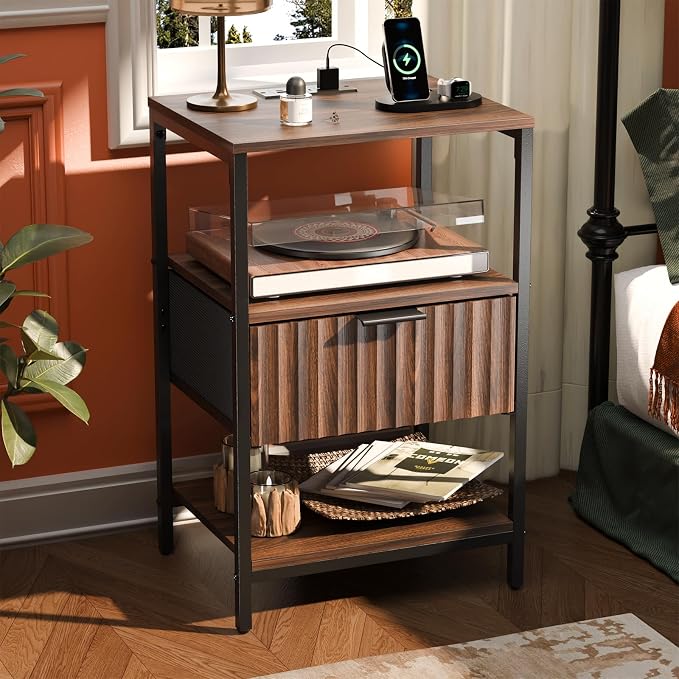 VINGLI Nightstand with Charging Station and Fabric Drawer, Walnut Nightstand by VINGLI