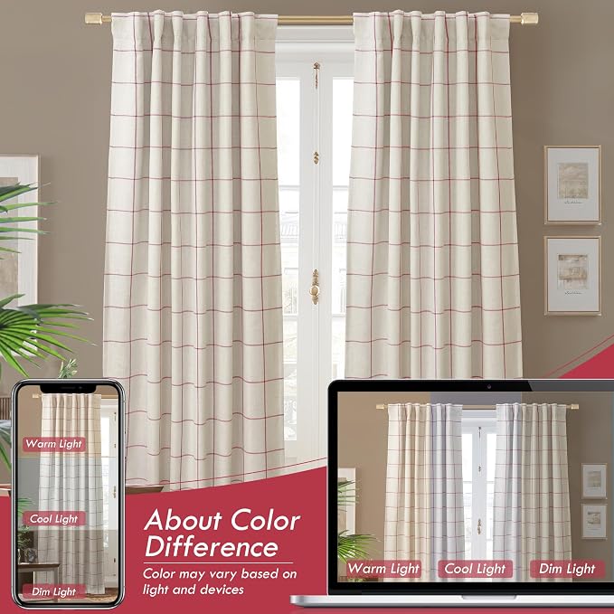 DriftAway 100% Blackout Plaid Linen Curtains 72 Inches Long 2 Panels Red | 100% - Image 8