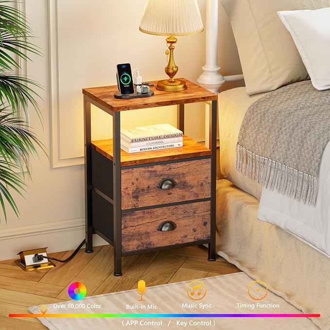 Night Stand Set 2 with Charging Station, LED Light, 2 Drawers, Rustic Brown | - Image 5