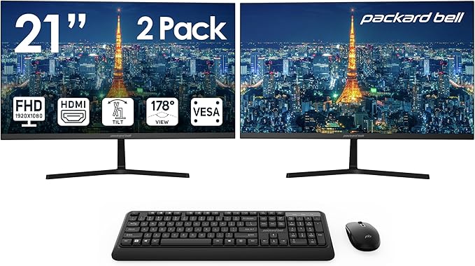 Packard Bell airFrame 21" FHD Monitors + Wireless Keyboard & Mouse, VESA Mount Compatible, HDMI/VGA, Tilt, Slim Bezel, for Home, Office, Light Gaming – 2 Pack
