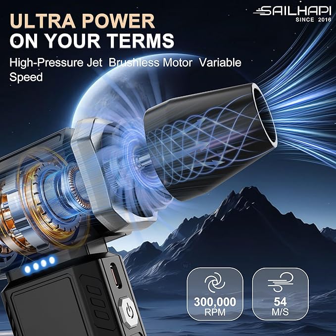 SAILHAPI Compressed Air Duster 300000RPM, Handheld Office Duster Brushless Motor Replaced Canned Air, Rechargeable Durable Turbo Blower for PC Gamers, Barber & Snow Removal, Birthday Gifts for Dad