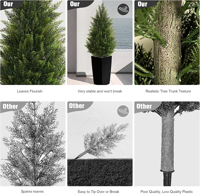 4FT Tall 2 Set Artificial Topiary Cedar Tree, Indoor Realistic Faux Cypress Plants with Square Flowerpot, Outdoor Evergreen Fake Shrubs for Home Living Room Front Porch Decor