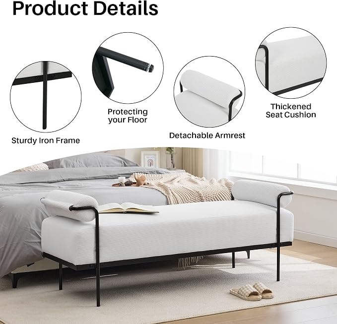 SOFTHION 61.2" End of Bed Bench, Corduroy Upholstered Entryway Bench, Footrest - Image 5