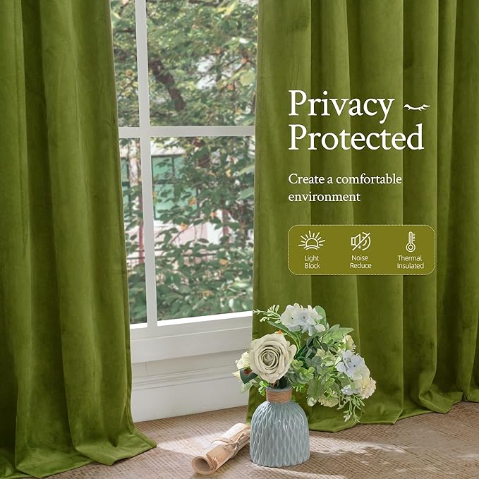 LAMIT Moss Green Velvet Curtains for Living Room 102 Inch Length, Vintage Thermal Insulated Room Darkening Drapes Super Soft Back Tab and Rod Pocket Panels for Bedroom, 2 Panels, 52 x 102 Inch