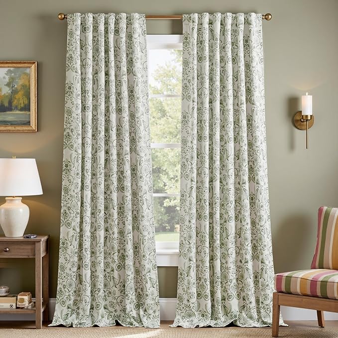 jinchan Green Floral Blackout Curtains 96 Inch Farmhouse Back Tab 2 Panels | by JINCHAN