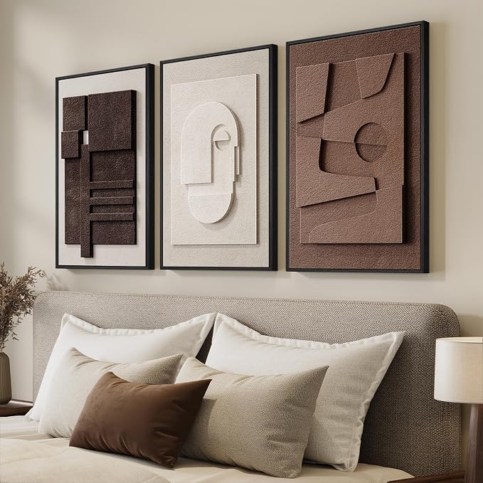 3D Textured Framed Brown and White Abstract Wall Art Set, 3 Piece 16x24 In | by Cuspin