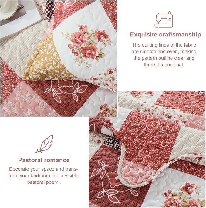 Dinjoy Boho Quilt Set King Size, Patchwork Floral Bedspreads, Romantic Red | - Image 4