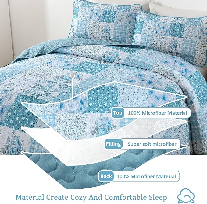 Mybedsoul Blue Patchwork King Size Quilt, Soft Boho Floral King Bedspreads - Image 3
