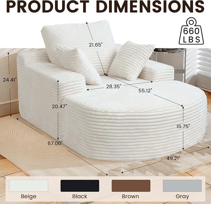 Oversized Lounge Chaise Indoor, D-Shaped Upholstered Corduroy Sofa Bed - Image 2