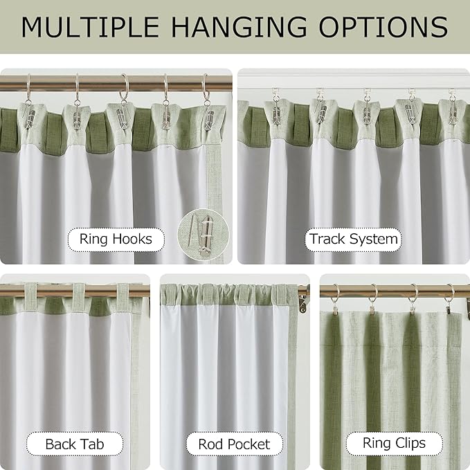 Vision Home Green Linen Full Blackout Curtains for Bedroom Living Room Darkening Soundproof Window Curtains 63 inch Thermal Insulated Rod Pocket Back Tab Rustic Drapes 2 Panels 56" Wx63 L