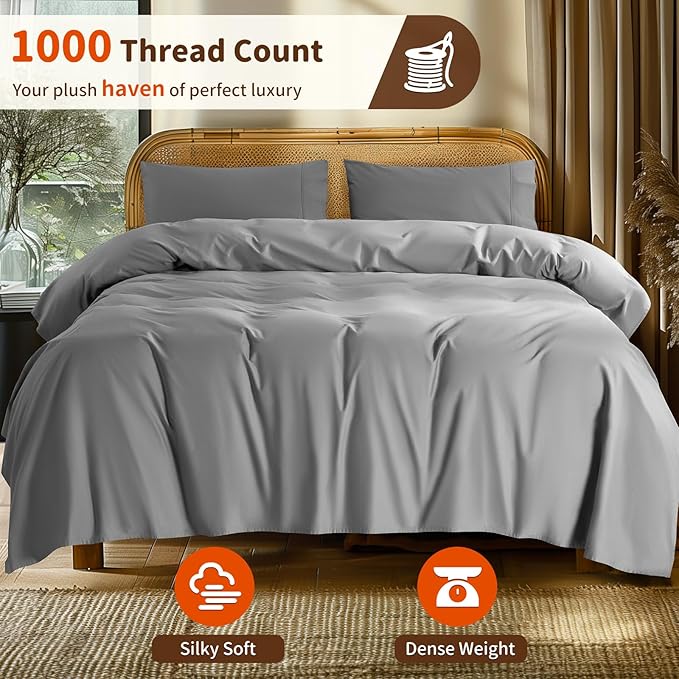 LBRO2M 1000 Thread Count 100% Egyptian Cotton Sheets Set Twin, 3 Piece Sets Bed Sheet Deep Pocket Sheet Set 16" Soft Comfortable All Season (Twin, Gray)