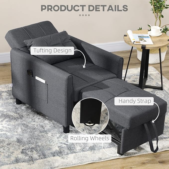HOMCOM 3-in-1 Convertible Chair Bed Sleeper Chair Single Sofa Bed Gray | Pull - Image 7