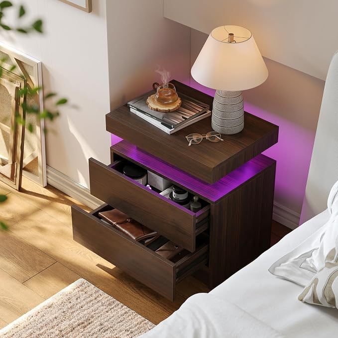 Modern Walnut LED Nightstand for Bedroom Bedside Table - Image 5