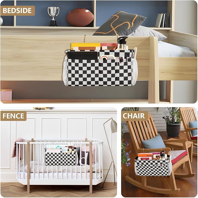 Checkered Black Bedside Caddy for Dorm Bed Bedside Hanging Caddy Bag Iron Frame - Image 8