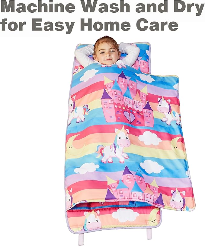 EVERYDAY KIDS Nap Mat with Removable Pillow - Unicorn Dreams - Carry Handle with Straps Closure, Rollup Design, Soft Microfiber for Preschool, Daycare, Travel Sleeping Bag - Ages 3-6 Years