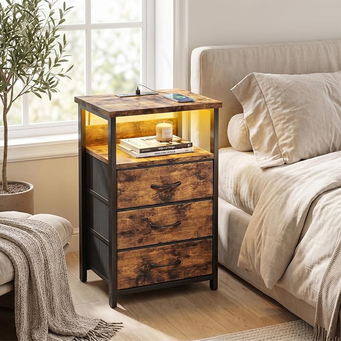 Fixwal Night Stand with 3 Fabric Drawers, Nightstand with Charging Station | - Image 2