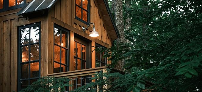 Steel Lighting Co. Hawthorne Barn Light | Outdoor Wall Mounted | 8 inch Dome | 6 inch Straight Arm| Small Farmhouse Light Made in America | Matte Black Exterior/Brass Interior